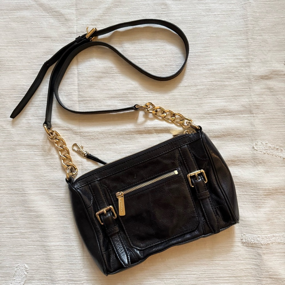 MICHAEL Michael Kors Leather Crossbody Bag with Gold Chain Detail — Black